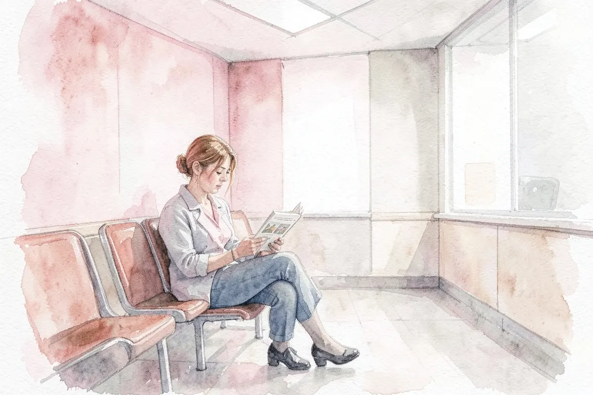 Mulher sentada em uma sala de espera de consultório médico, lendo uma revista.
