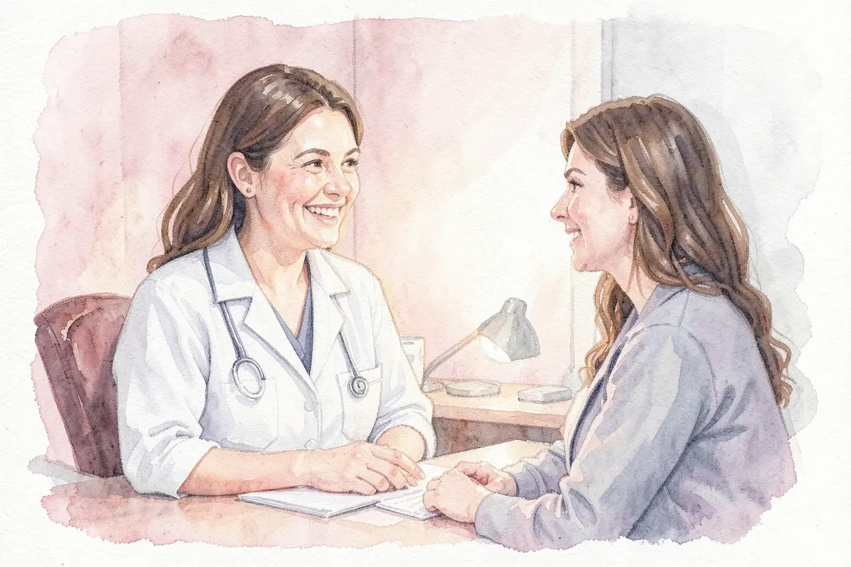 Ginecologista sorrindo e conversando com uma paciente em seu consultório.