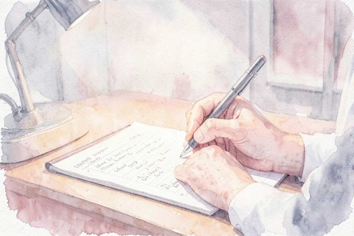 Ginecologista escrevendo em um prontuário médico em sua mesa.