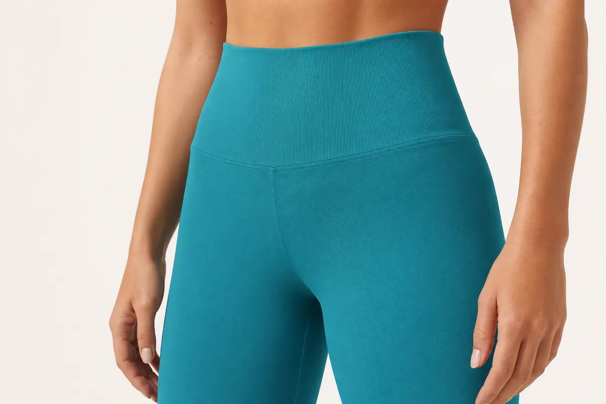 Close-up de uma legging de cintura alta sem costura frontal, mostrando a textura do tecido e a ausência de costura na parte da frente.