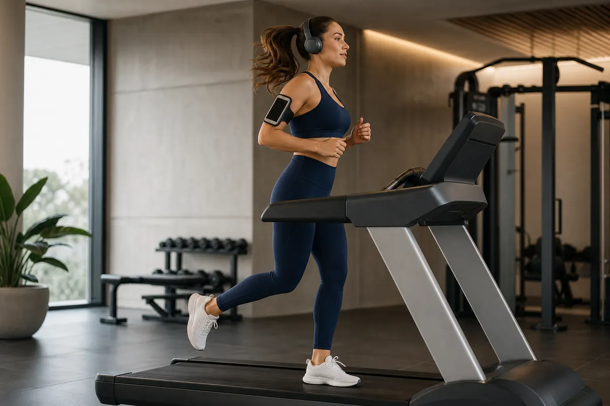 Mulher de top e legging fitness azul marinho, correndo em esteira em academia sofisticada, com fones de ouvido e celular em braçadeira.
