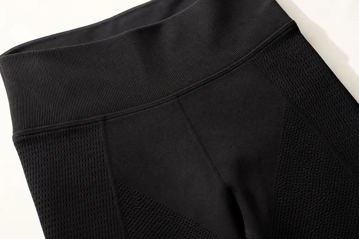 Close-up de uma legging de corrida preta com detalhes em tecido texturizado.