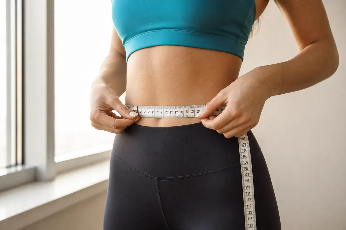 Mulher medindo a cintura com uma fita métrica para escolher o tamanho da legging.