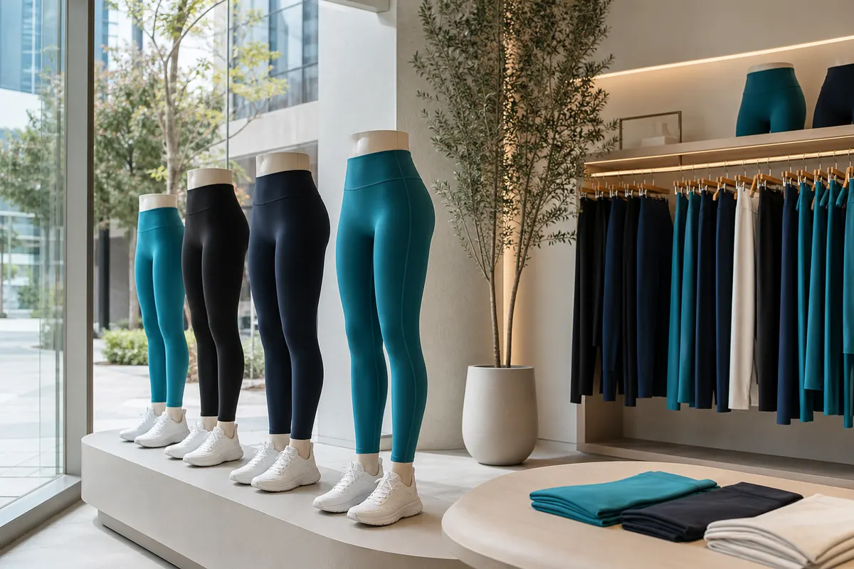Vitrine de loja de artigos esportivos com diversas leggings de corrida em exposição.
