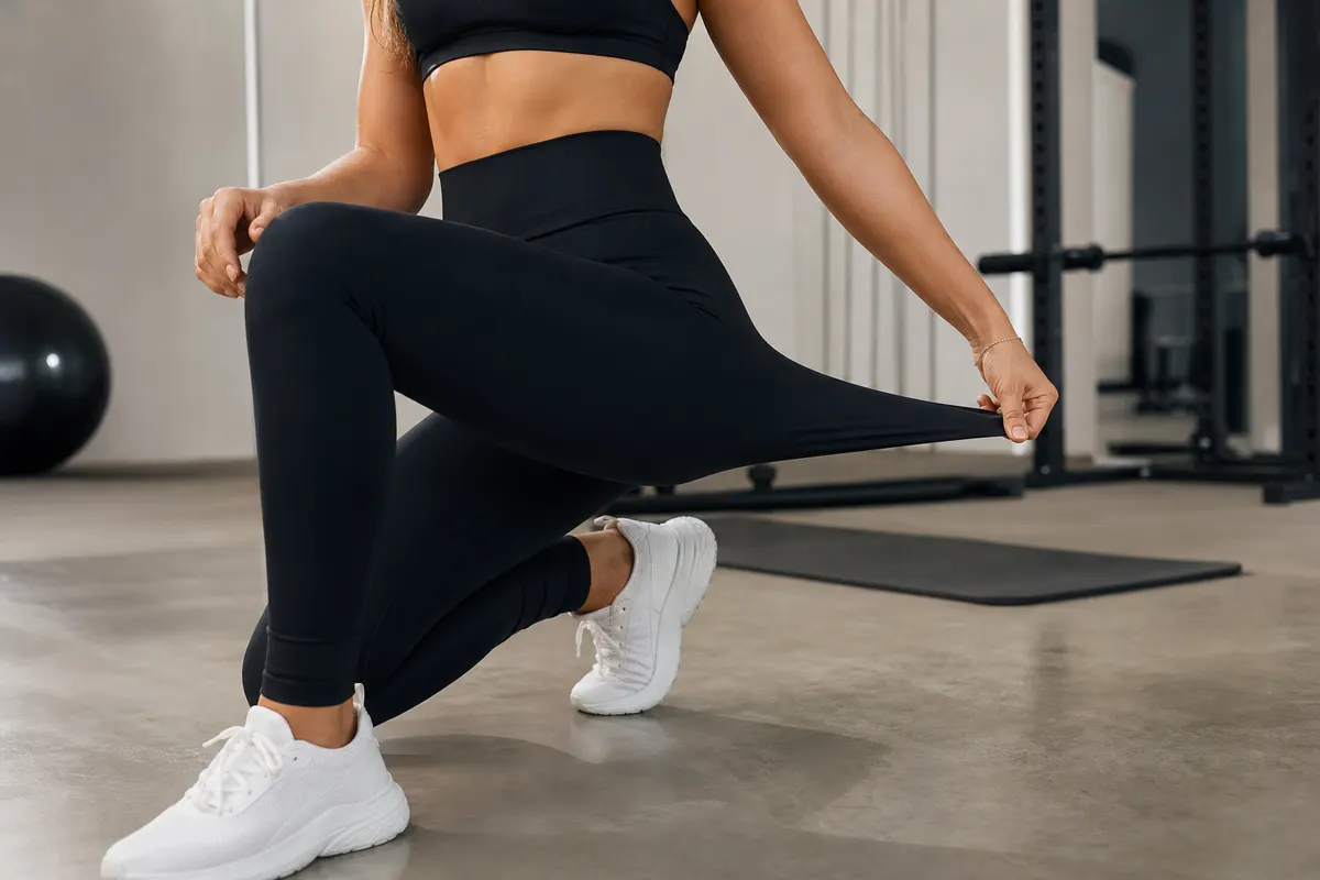 Mulher com corpo em forma demonstrando a elasticidade de uma legging preta, em um estúdio de academia.