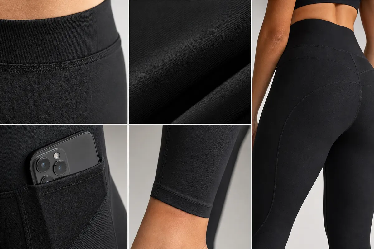 Close-up de diferentes texturas de tecido de legging preta.
