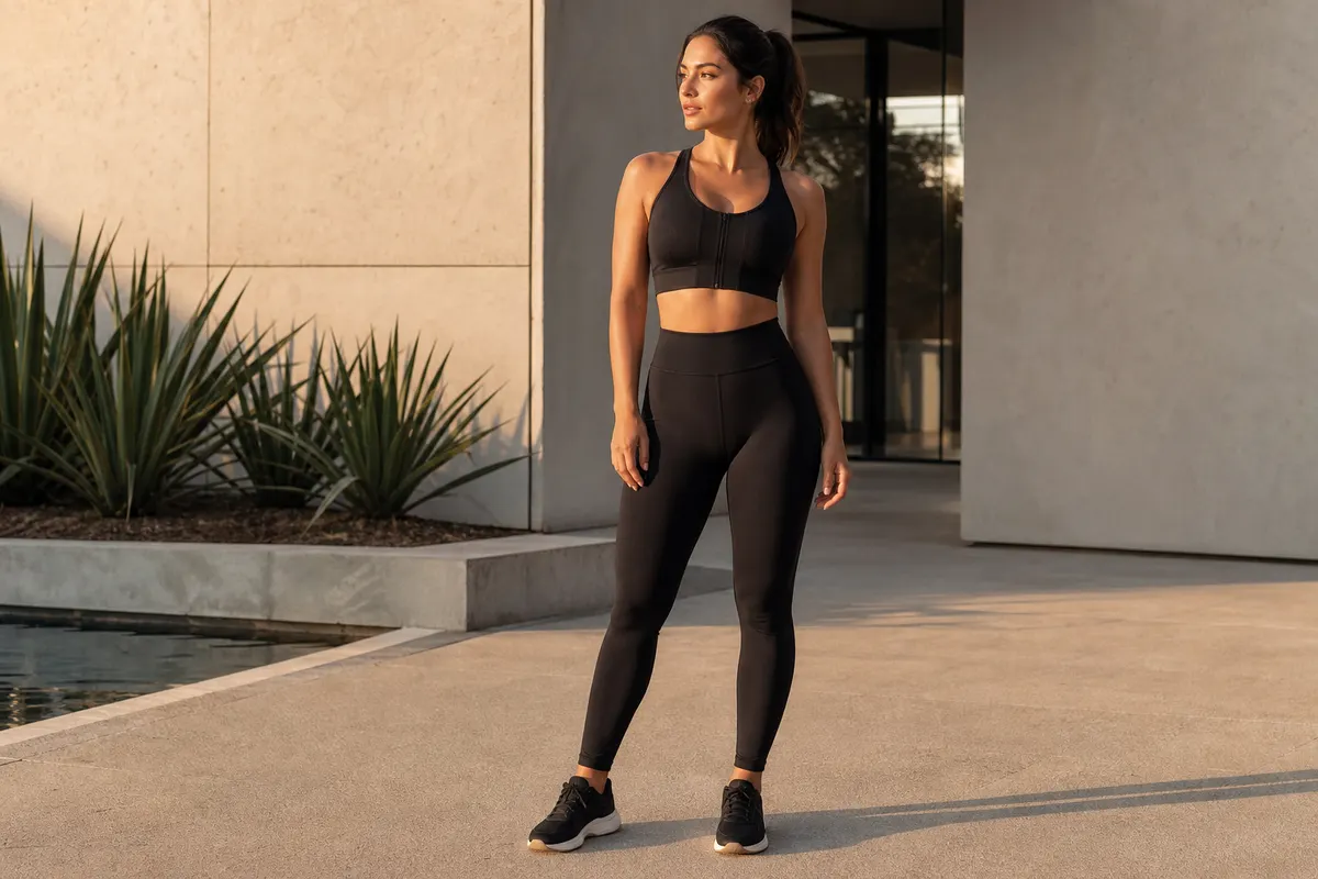 Mulher com legging preta de cintura alta e top, em ambiente externo elegante.
