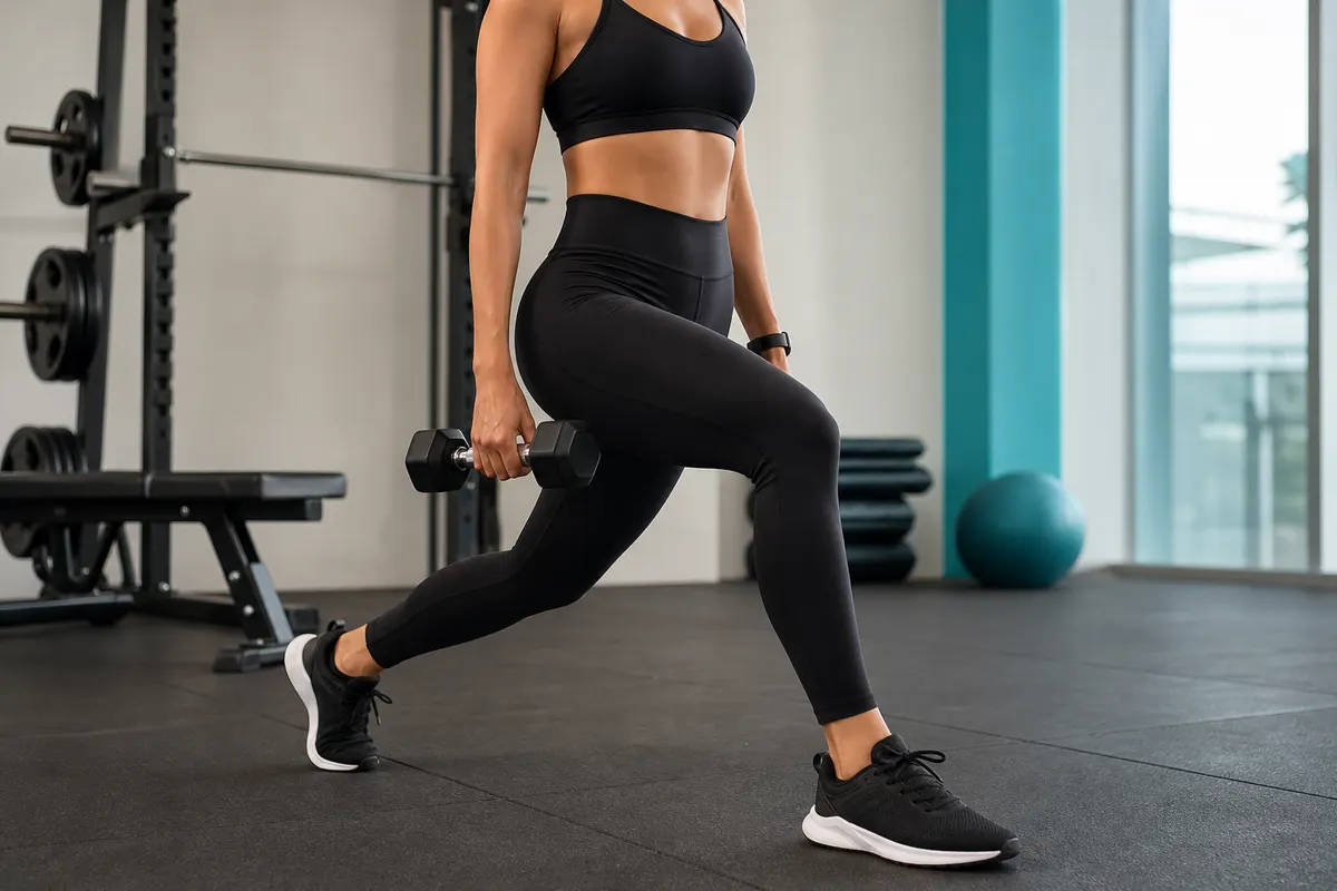 Mulher com legging preta de cintura alta, em pose de força em academia moderna.