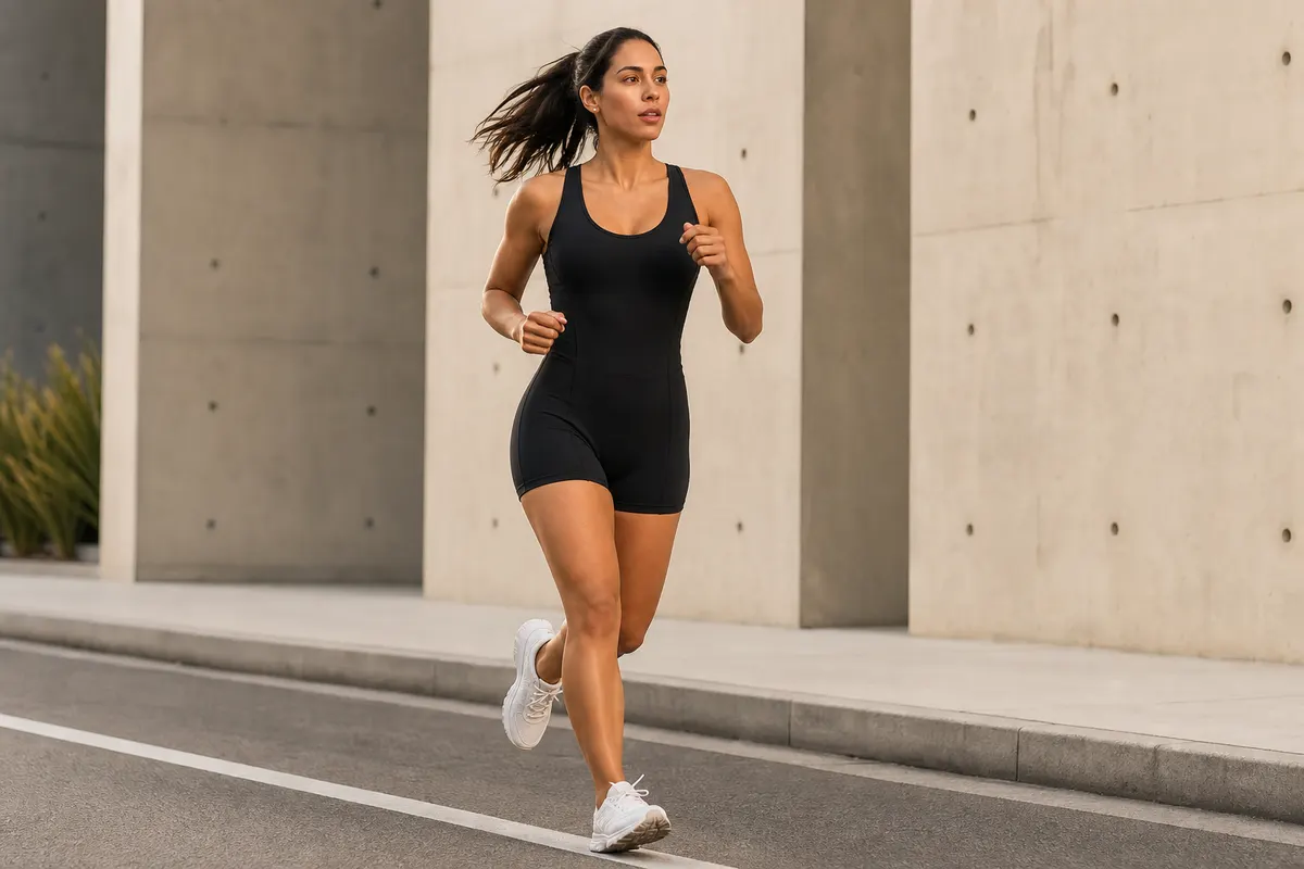 Mulher em plano médio correndo em uma rua urbana minimalista, usando um macaquinho fitness preto de alta sustentação com tênis brancos. A luz do fim de tarde realça a textura do tecido.