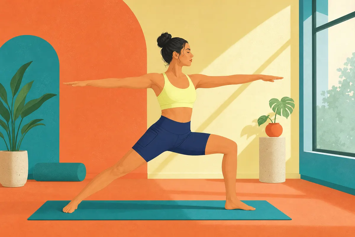 Mulher em pose de yoga, usando short fitness feminino azul marinho com bolso, em um estúdio de yoga com tapete.