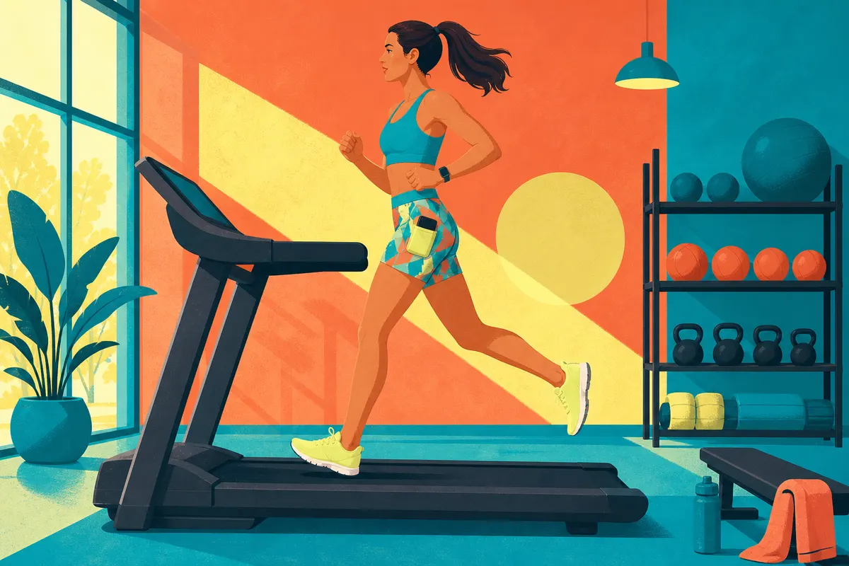 Mulher correndo em uma esteira, usando short fitness feminino estampado com bolso.