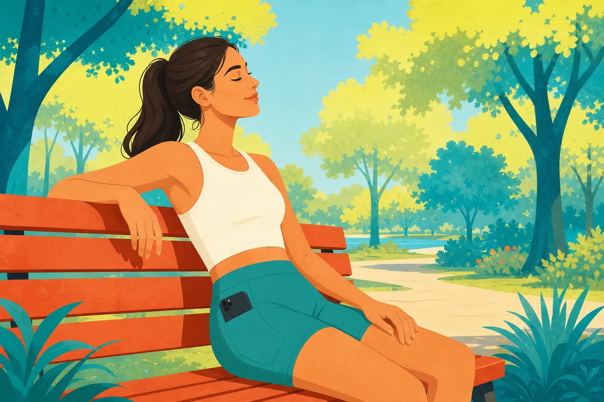 Mulher sentada em um banco de parque, com celular no bolso de um short fitness feminino verde.