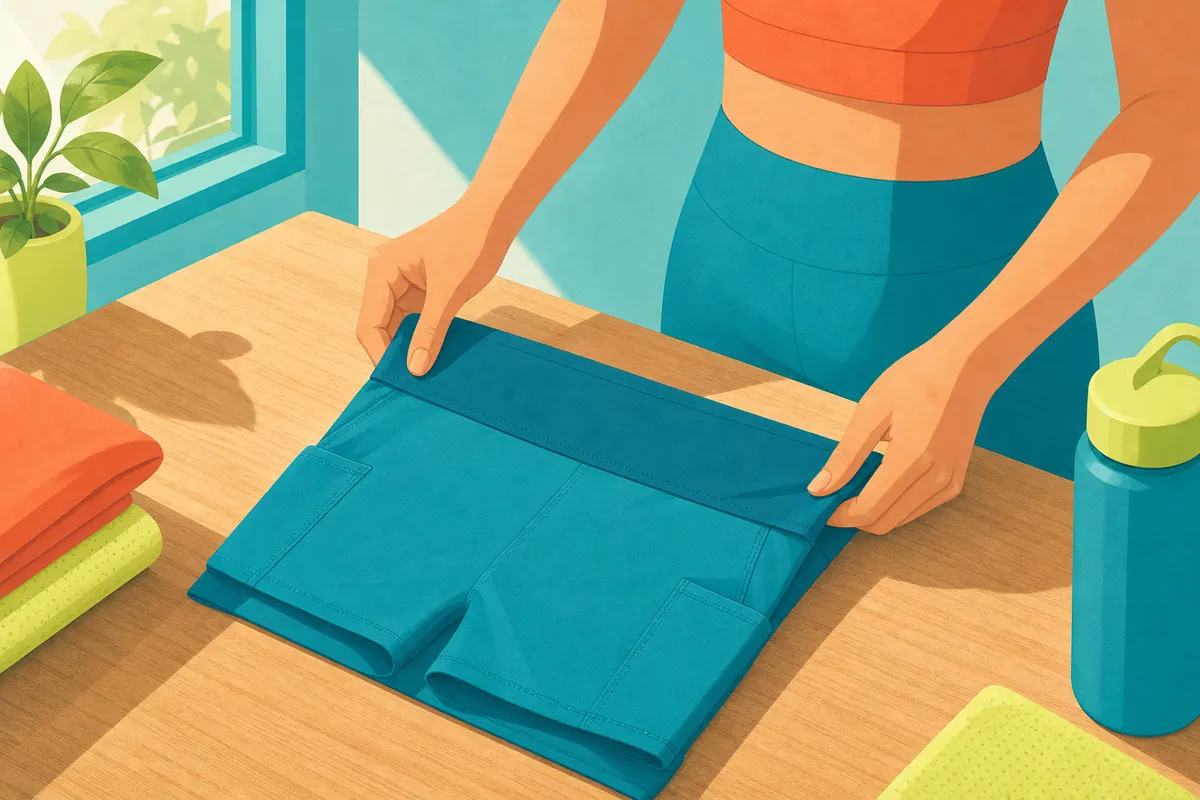 Mulher dobrando shorts fitness femininos com bolso em uma mesa.