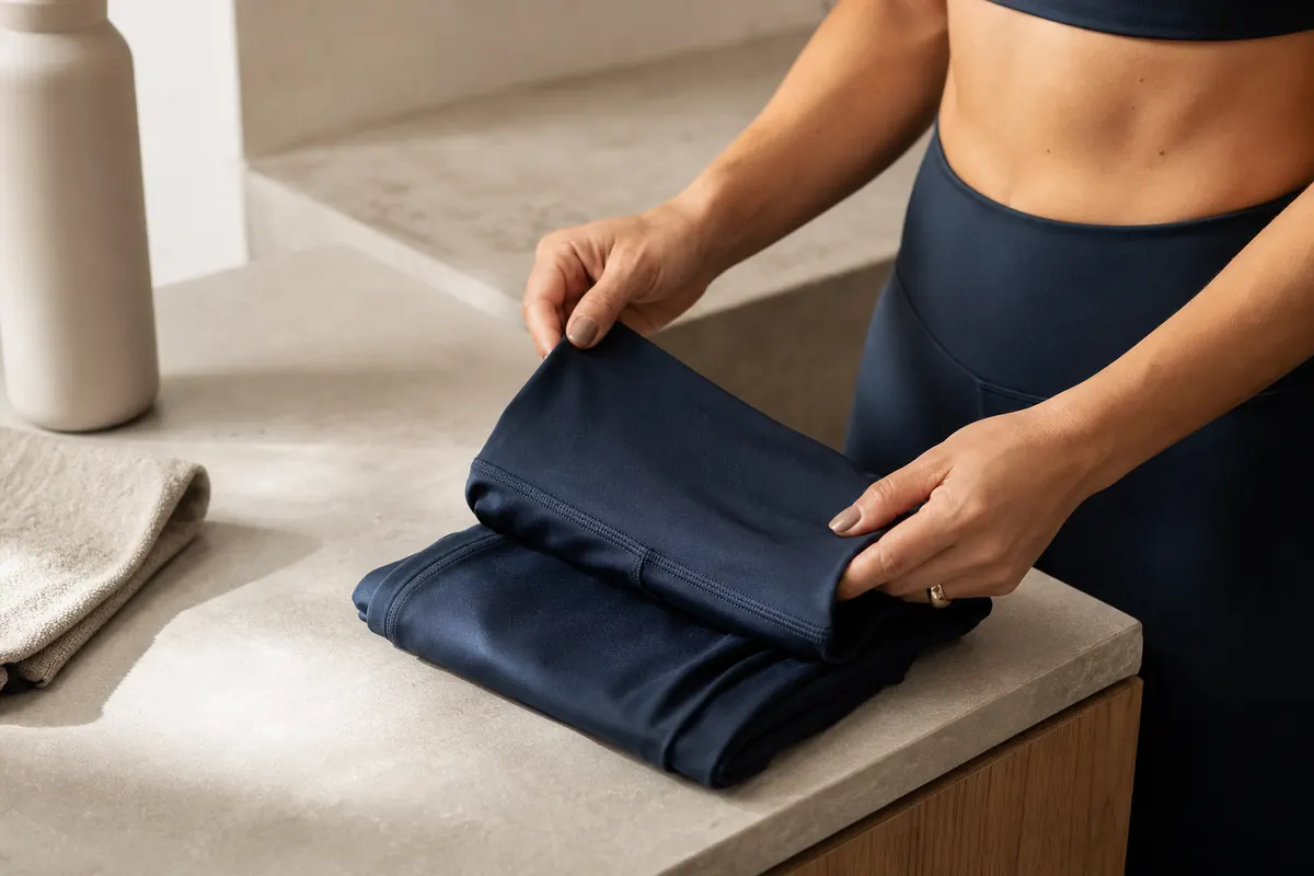 Mãos dobrando cuidadosamente uma calça de ginástica de alta qualidade após o treino.