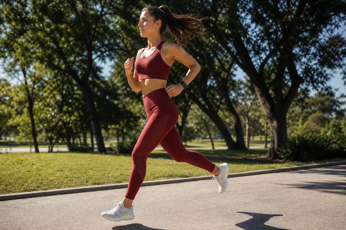 Mulher correndo ao ar livre com top fitness vermelho e legging, em parque ensolarado.