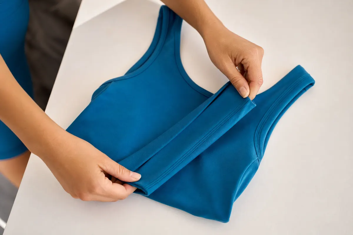 Mãos dobrando cuidadosamente um top fitness azul em uma superfície branca e limpa.