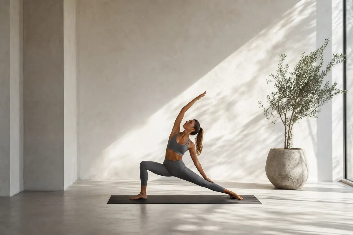 Mulher usando conjunto de top e legging fitness cinza em pose de yoga em um estúdio clean com luz suave.