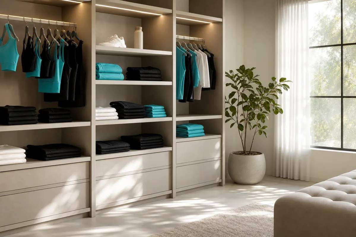 Closet minimalista com roupas fitness dobradas e organizadas em prateleiras, com luz natural suave.