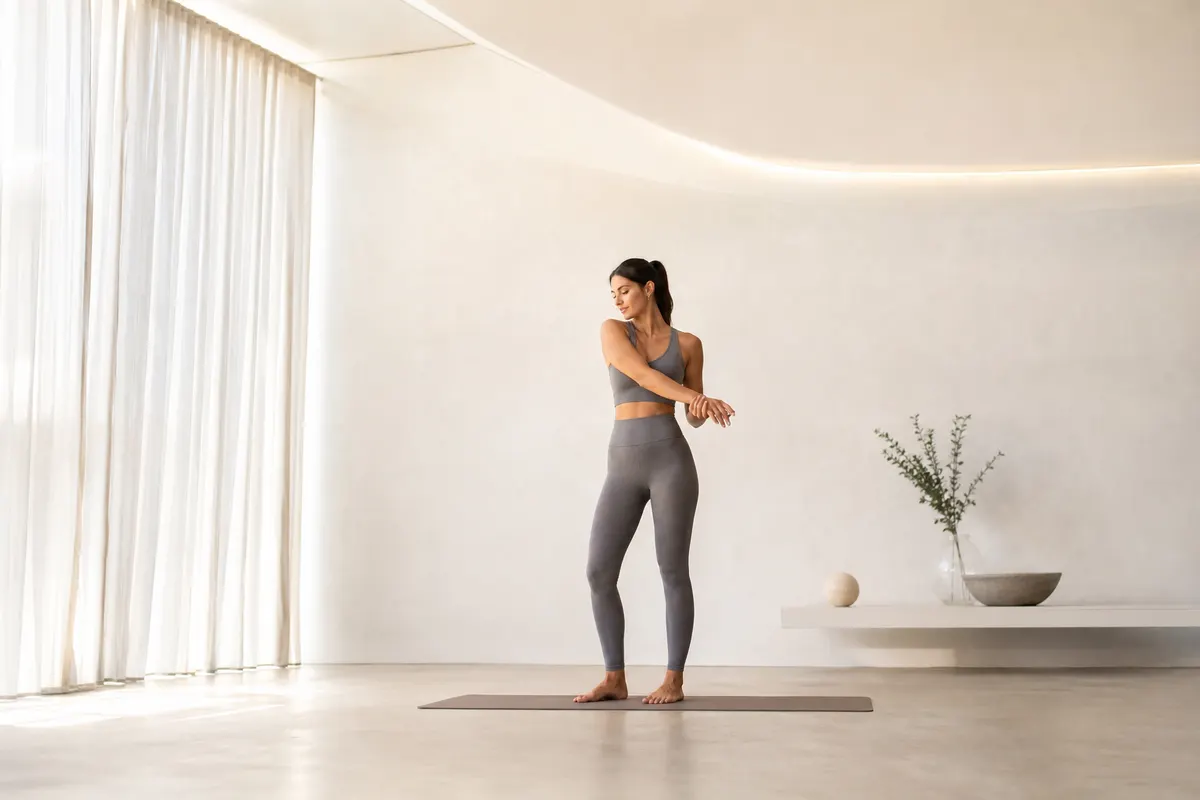 Mulher com corpo em forma vestindo um conjunto de academia cinza, em pé em um estúdio de yoga com luz suave.
