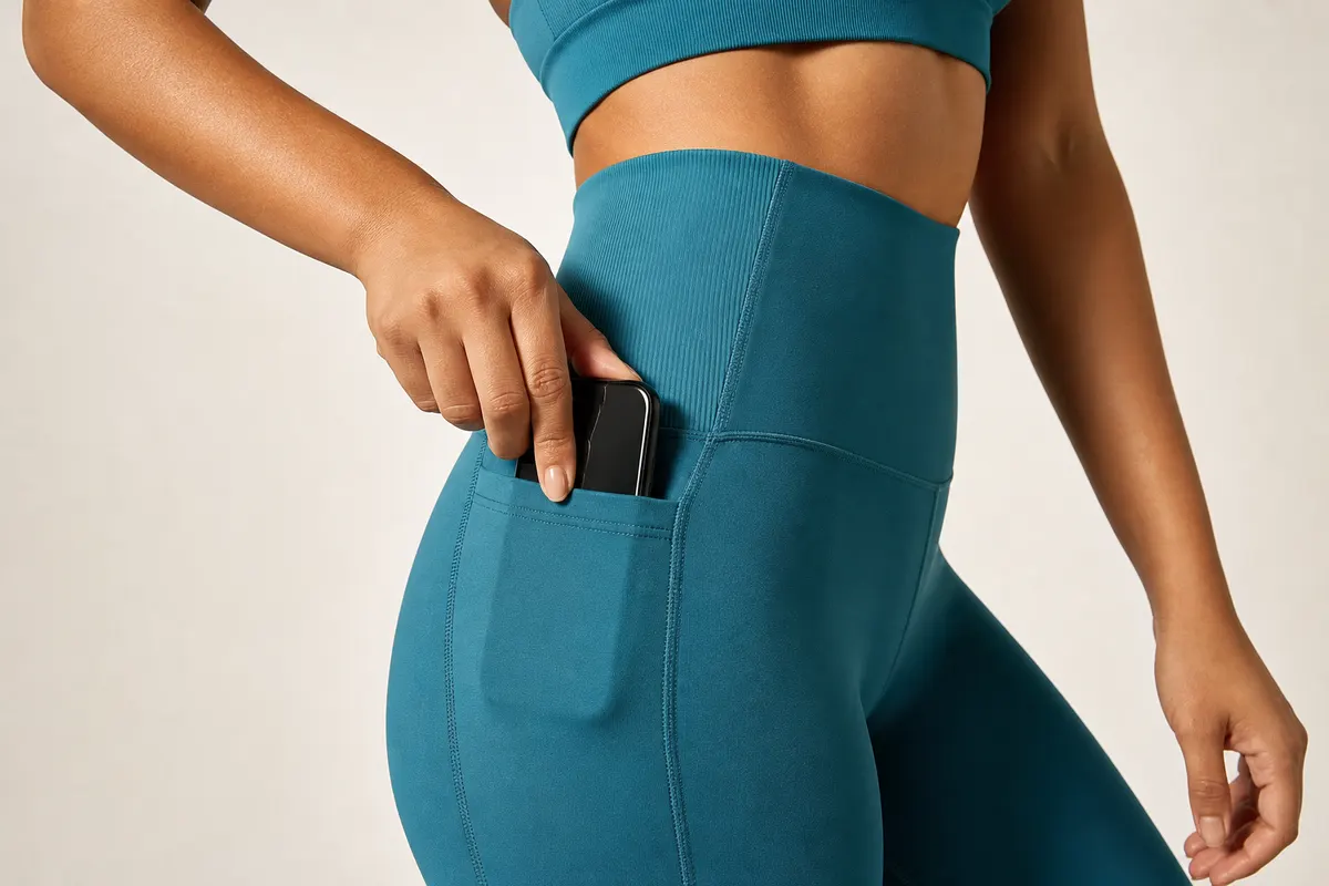 Close-up de conjunto fitness feminino com bolso, mostrando a textura do tecido e a funcionalidade do bolso.