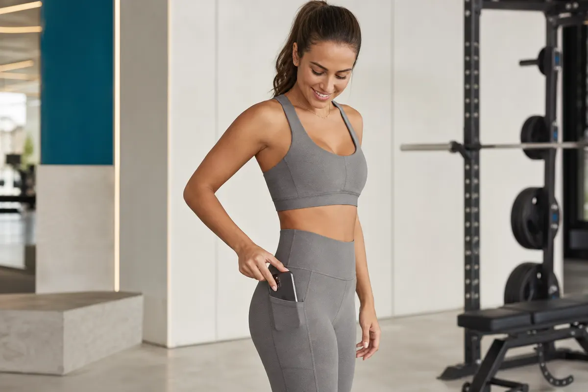 Mulher sorrindo e guardando o celular no bolso de seu conjunto fitness durante um treino leve.