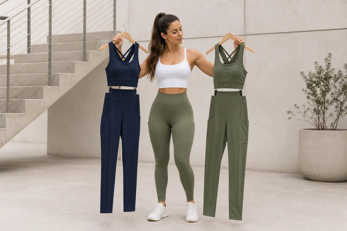 Mulher escolhendo entre diferentes conjuntos fitness femininos com bolso em uma loja ou closet.