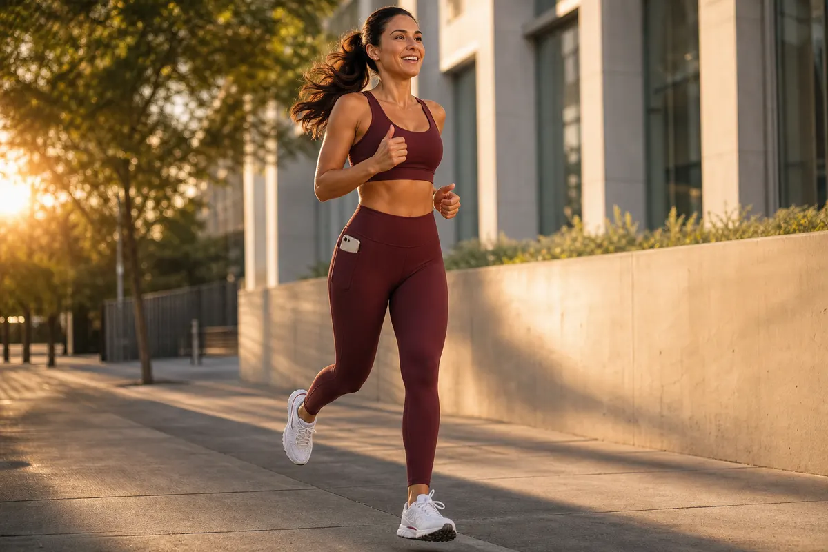 Mulher correndo ao ar livre usando conjunto fitness feminino com bolso, com celular seguro no bolso.