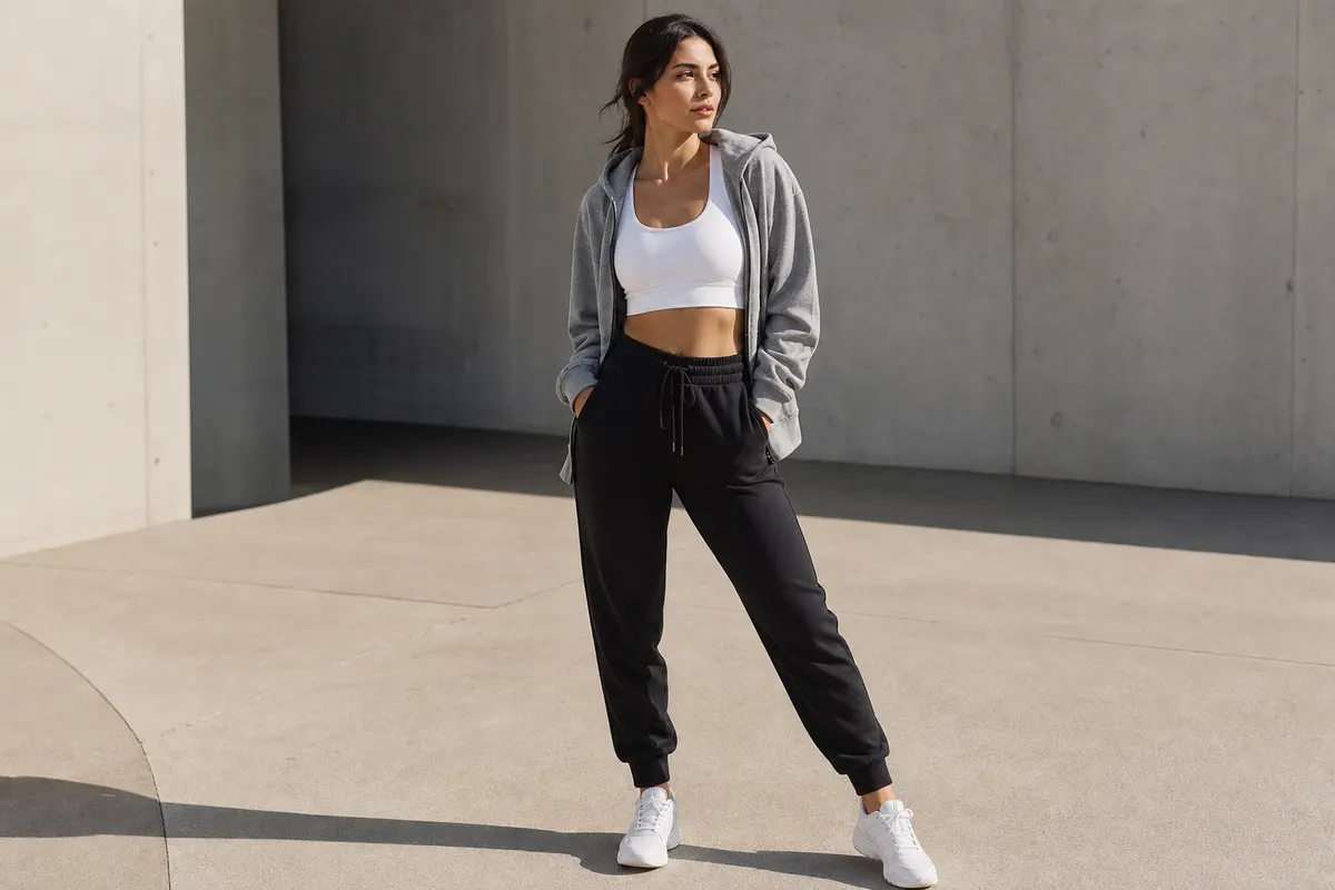 Mulher combinando um top fitness branco com uma jaqueta de moletom oversized e calça jogger.