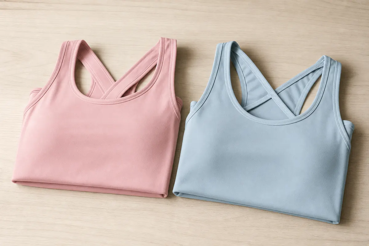 Dois tops fitness dobrados lado a lado, um rosa e um azul, sobre uma superfície de madeira clara.