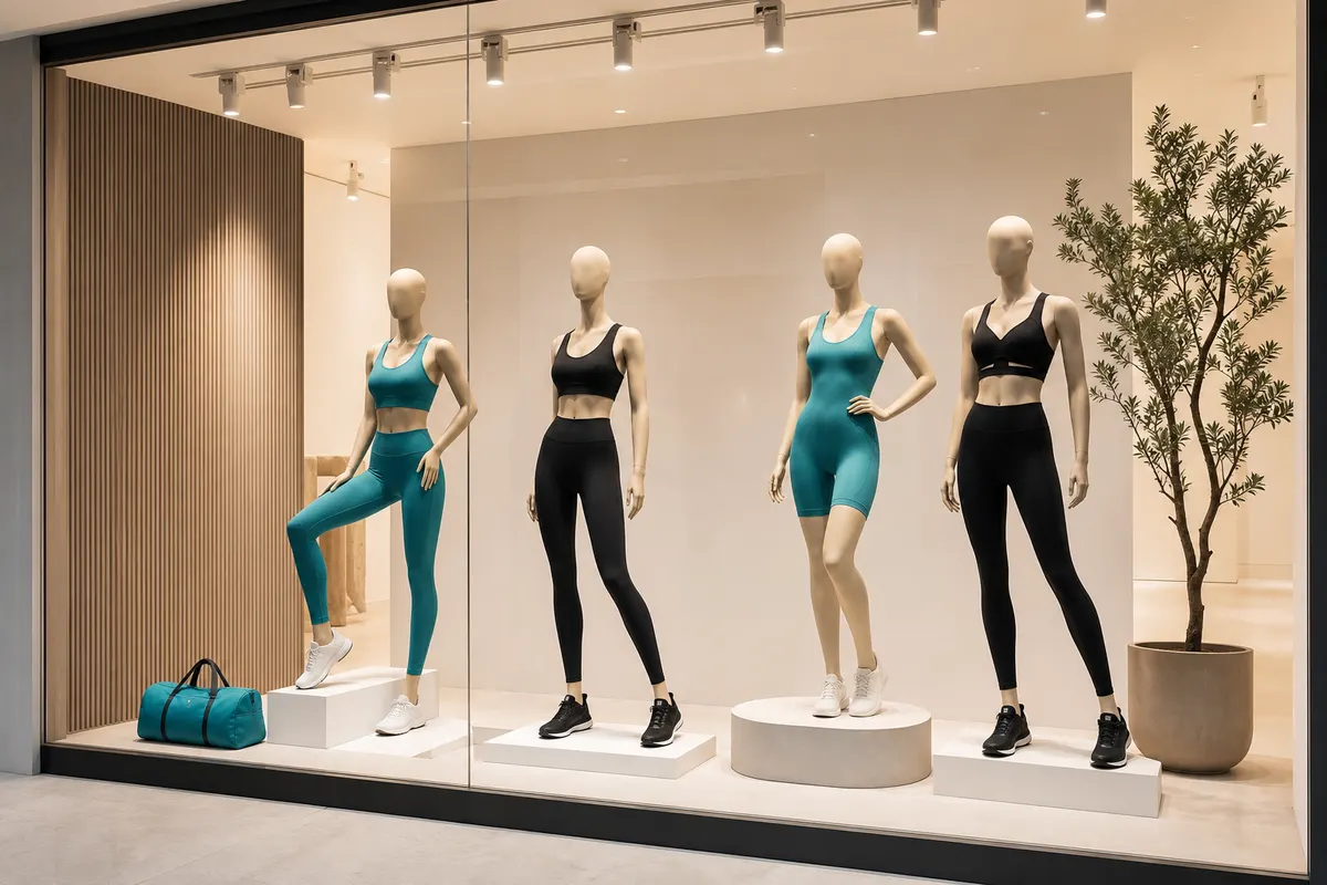 Vitrine de loja de moda fitness com manequins vestindo tops e leggings modernos.