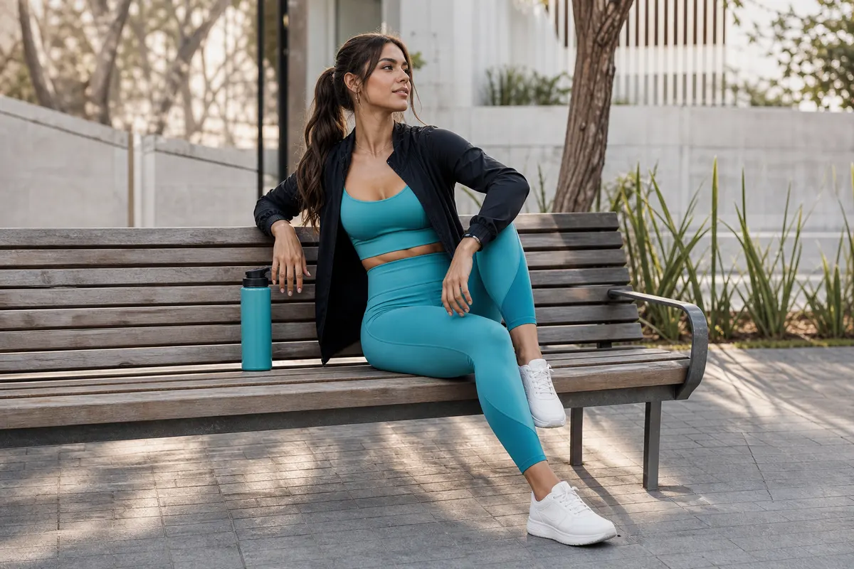 Mulher sentada em um banco de parque, usando legging de compressão e jaqueta, em um ambiente urbano.