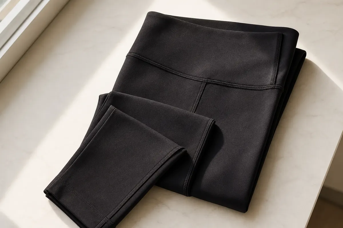 Peça de legging de compressão dobrada sobre uma superfície limpa e clara.
