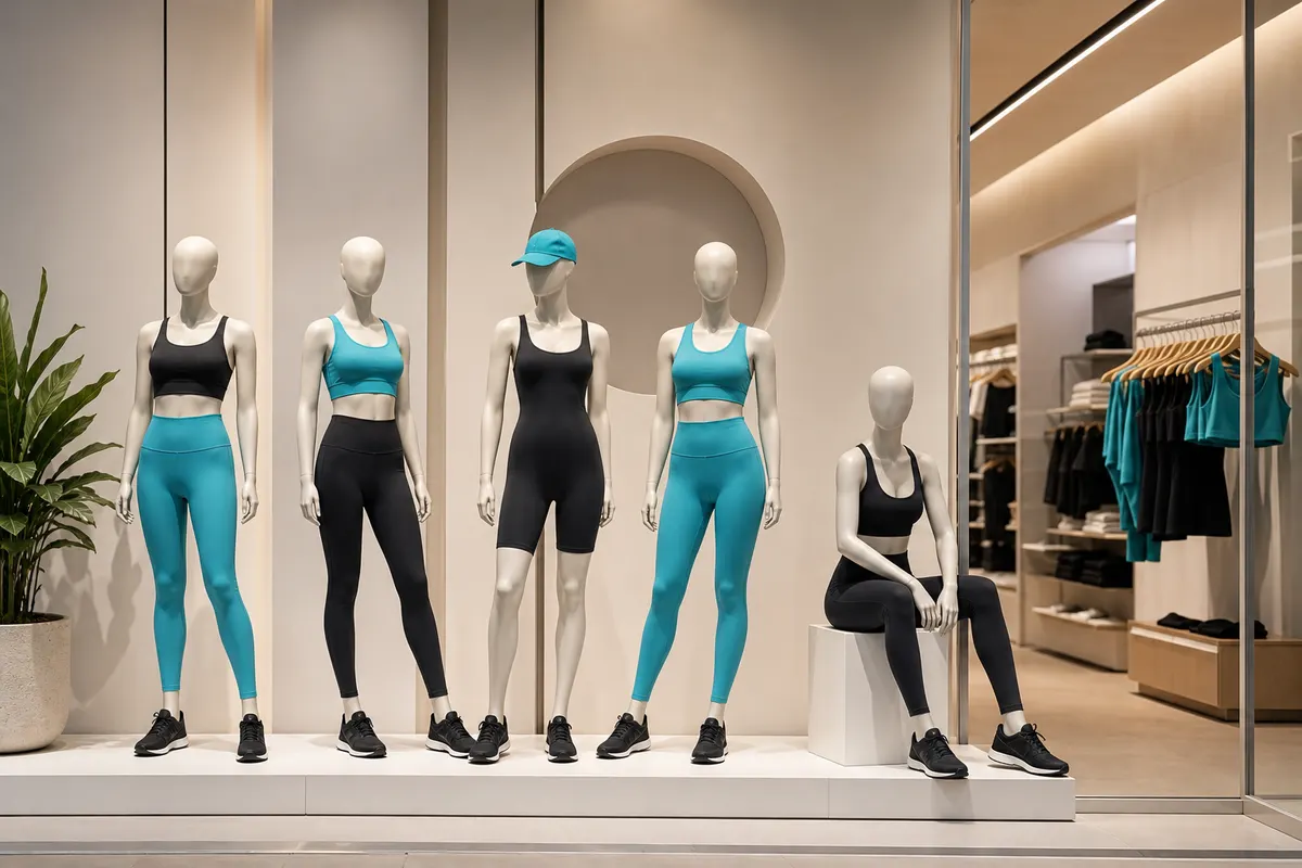 Vitrine de loja com manequins vestindo moda fitness feminina.
