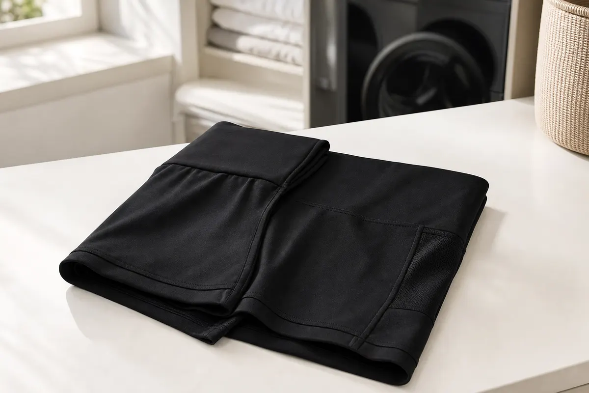 Mulher dobrando shorts fitness feminino com bolso com cuidado, em ambiente de lavanderia clean.