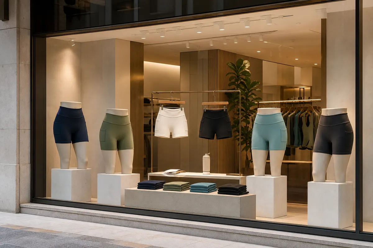 Vitrine de loja de artigos esportivos exibindo shorts fitness femininos com bolso.