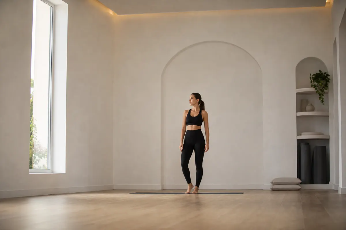 Mulher com corpo em forma, vestindo uma legging preta de cintura alta e um top esportivo, em pé em um estúdio de yoga com luz suave vinda de uma janela lateral.