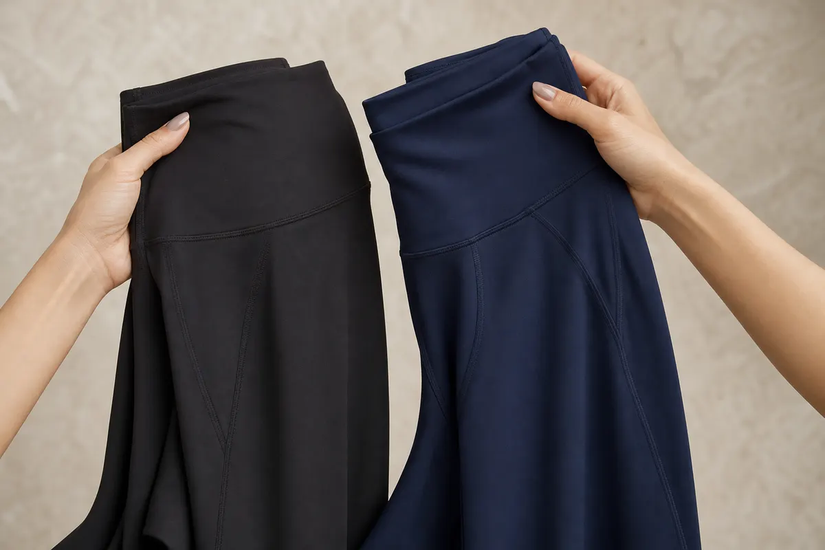 Close-up de mulher escolhendo entre duas leggings de treino de cores diferentes.