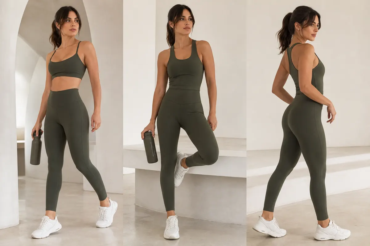 Mulher em estúdio de moda, mostrando a versatilidade de uma legging premium.
