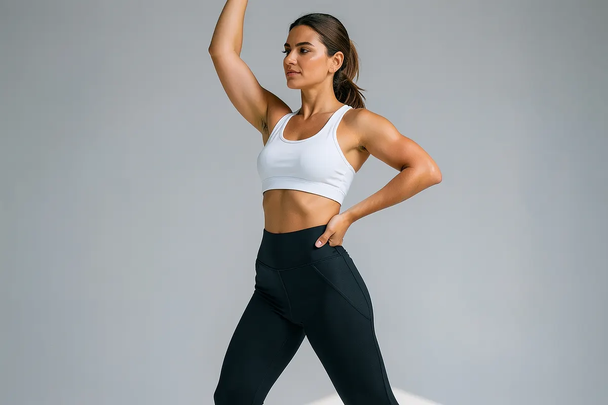 Mulher com calça legging preta de cintura alta e top esportivo branco, em pé em estúdio clean com fundo cinza claro, luz suave vinda da direita, pose de lado com braço levantado e mão na cintura, plano médio.