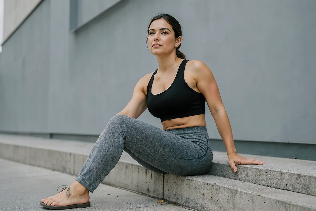 Mulher com calça legging cinza mescla de cintura alta e top esportivo preto, sentada em degraus de concreto em frente a uma parede de arquitetura contemporânea, luz suave vinda de cima, plano geral.