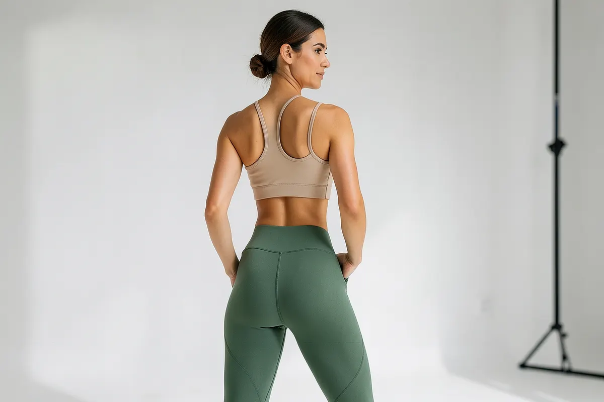 Mulher com calça legging verde musgo de cintura alta e top esportivo bege, em pé em estúdio clean com fundo branco, luz suave vinda da esquerda, pose de costas com mãos nos bolsos, plano médio.