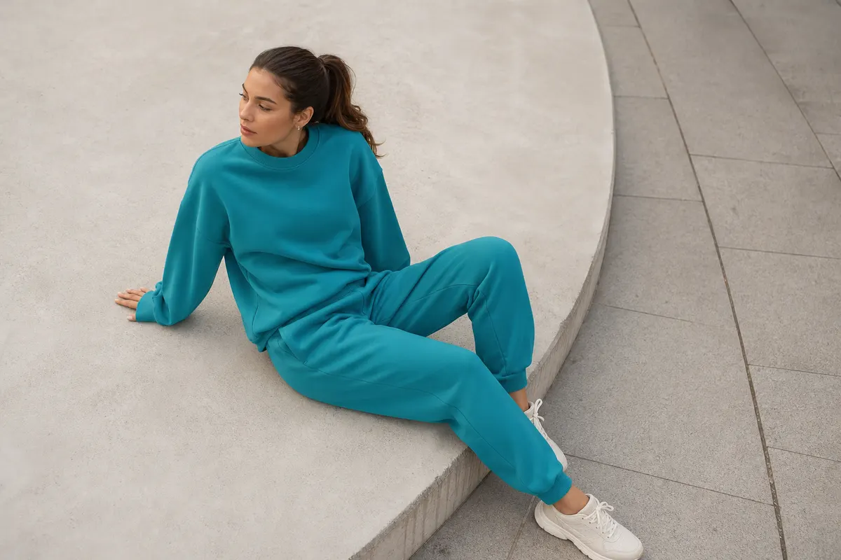 Mulher em vista de cima usando um conjunto de moletom oversized e calça jogger, em um ambiente urbano.