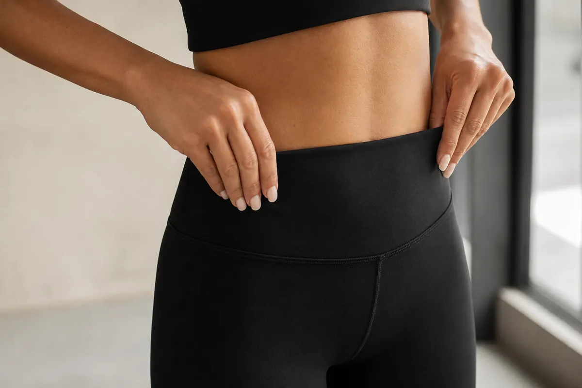 Close-up de uma mulher ajustando a cintura de sua legging preta, mostrando o tecido e o caimento.