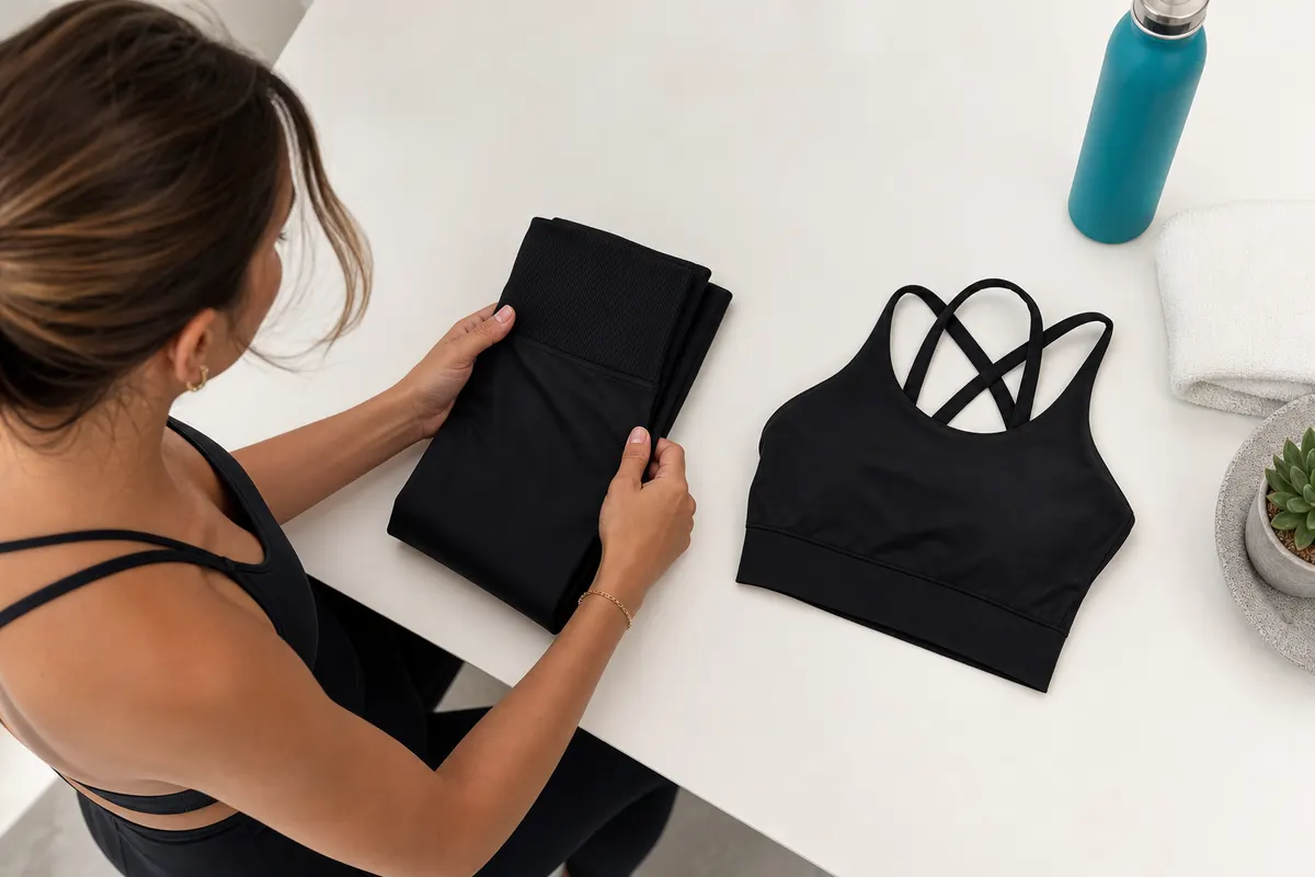 Mulher dobrando uma legging preta e um top esportivo em uma superfície branca e limpa.