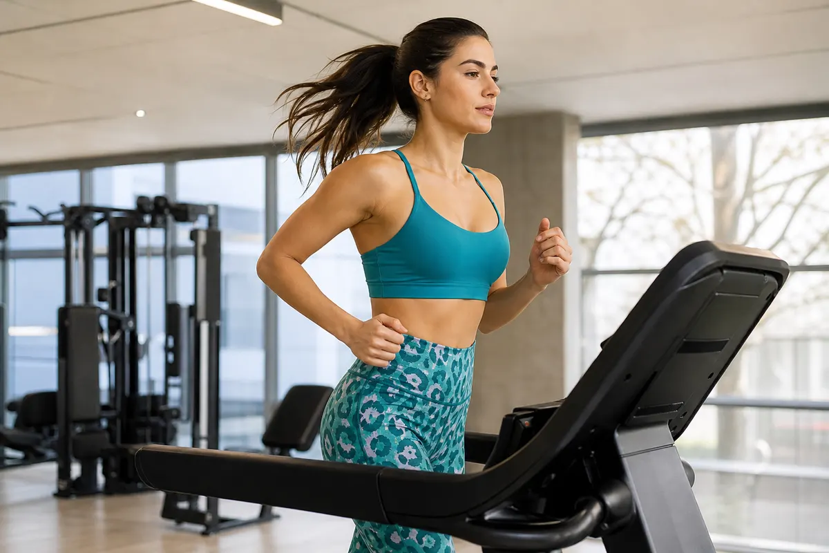 Mulher correndo em uma esteira em uma academia iluminada, vestindo legging estampada e top.