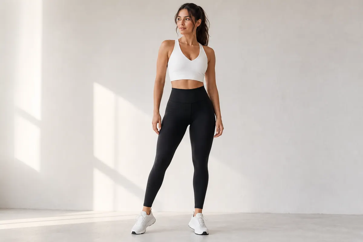 Mulher em pé, vestindo legging preta de cintura alta e top branco, em um estúdio com iluminação suave.