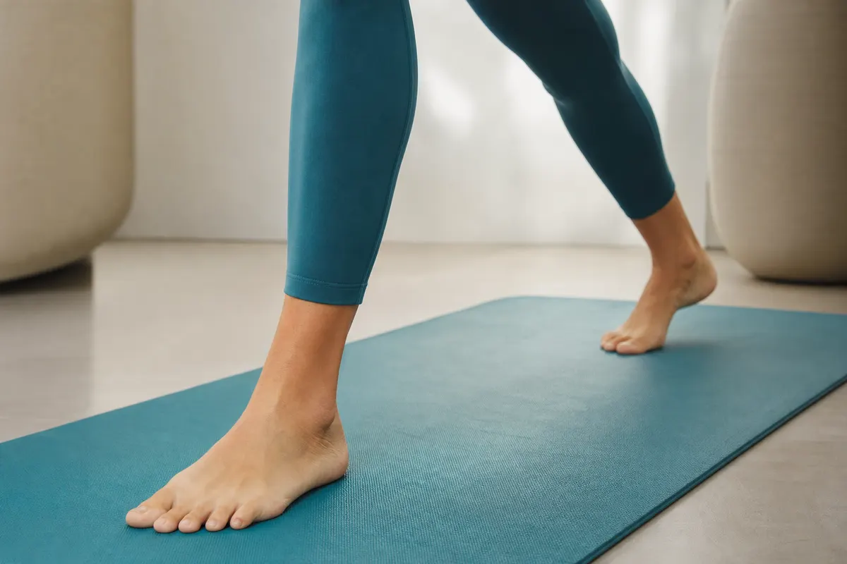 Pés de uma mulher descalços em pose de yoga sobre um tapete de yoga, com foco na conexão com o chão.