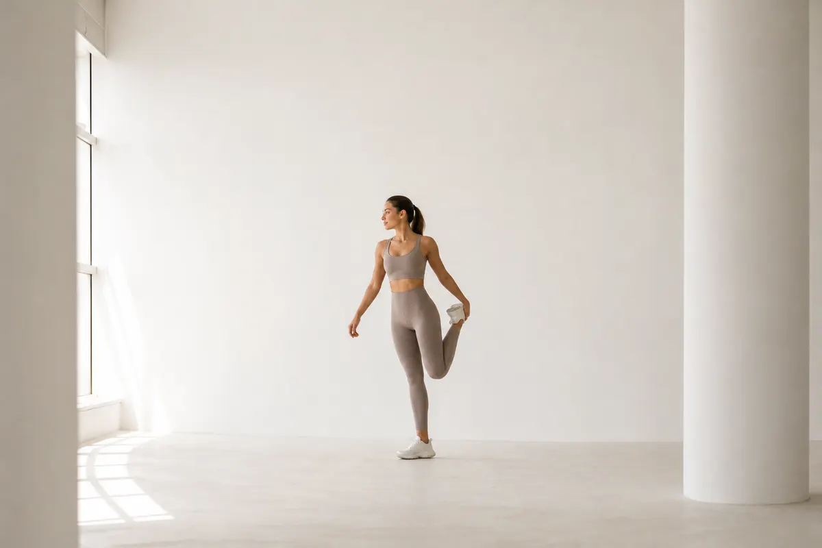 Mulher com cabelo preso, vestindo conjunto de top e legging de cintura alta em tons neutros, em pose de alongamento leve em um estúdio clean com fundo branco.