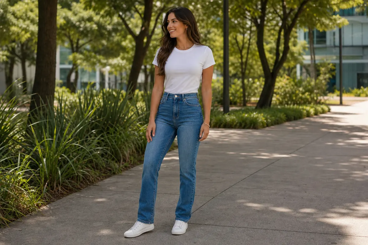 Mulher sorrindo, vestindo calça jeans de cintura alta e camiseta branca básica, em um parque urbano com árvores ao fundo.
