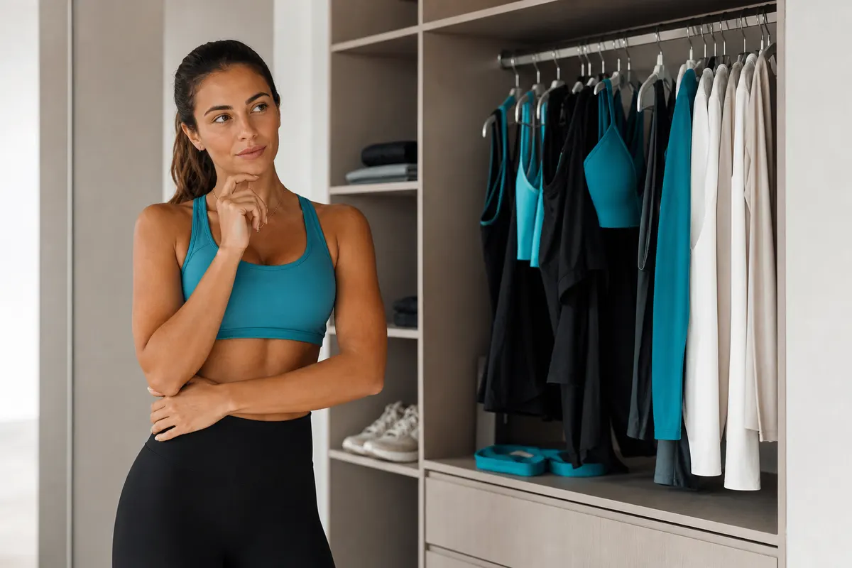 Mulher pensativa em frente a um guarda-roupa aberto, com peças de moda fitness e casual misturadas.